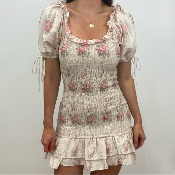 LoveShackFancy Violet Ruched Pink Floral Silk Mini Dress with Puff Sleeves - Picture 8 of 14